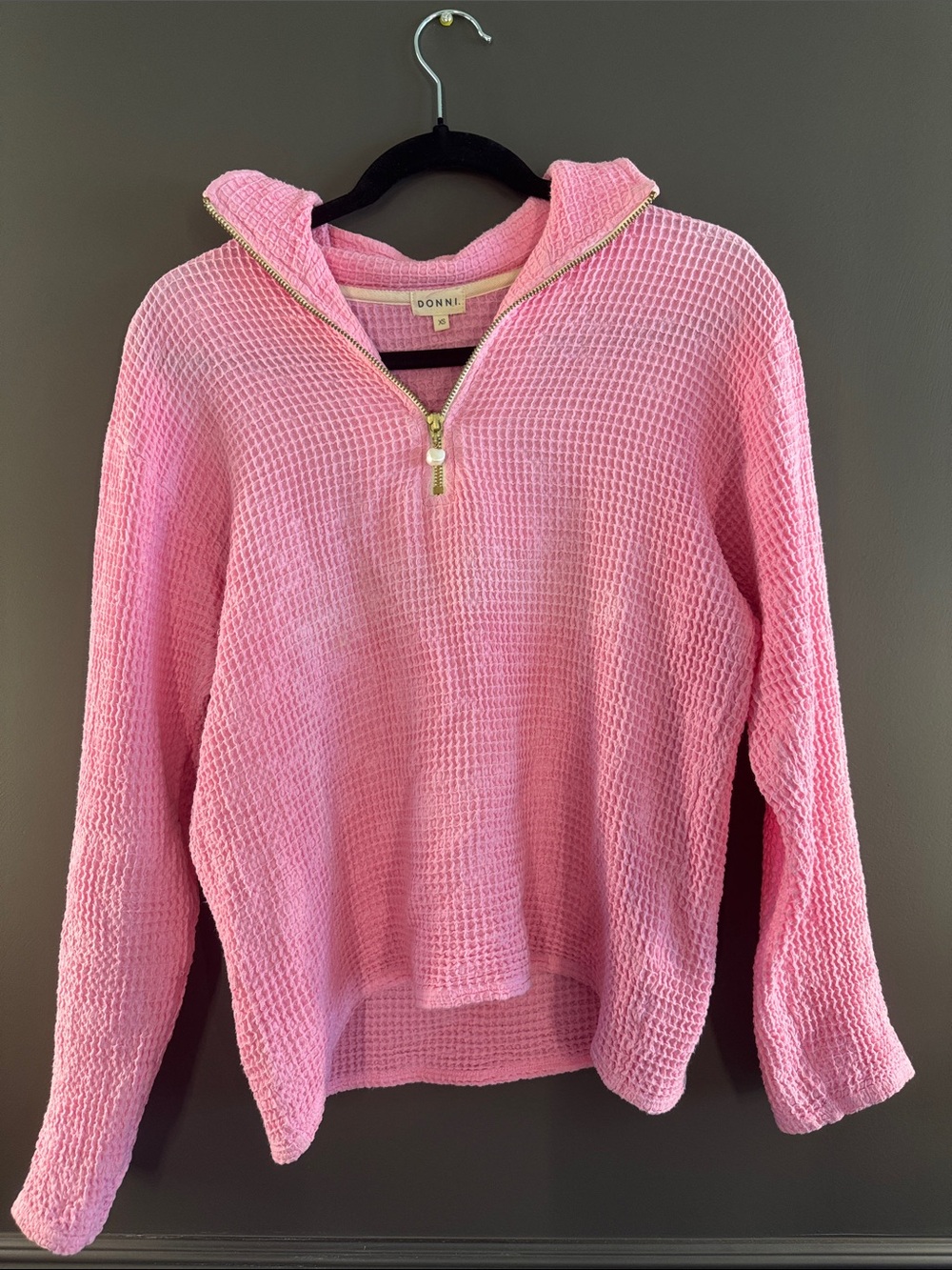 DONNI. Pink Waffle-Knit Half-Zip Pullover Sweater